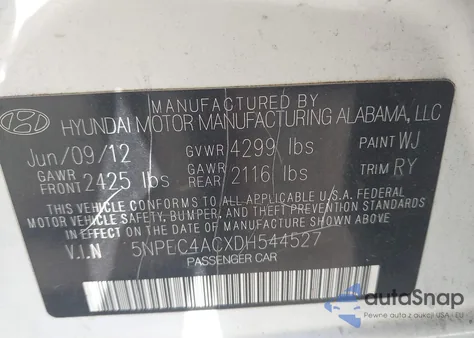 2013 Hyundai Sonata Se from USA, damaged, VIN 5NPEC4ACXDH544527